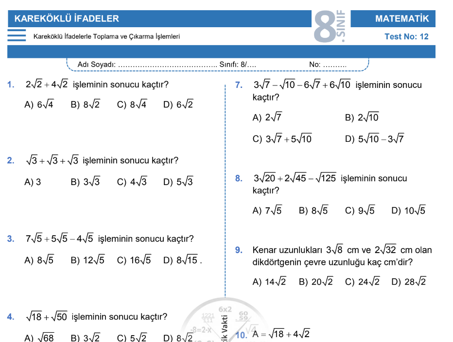 8 Sınıf Kareköklü İfadelerle Toplama Ve Çıkarma İşlemi Testi