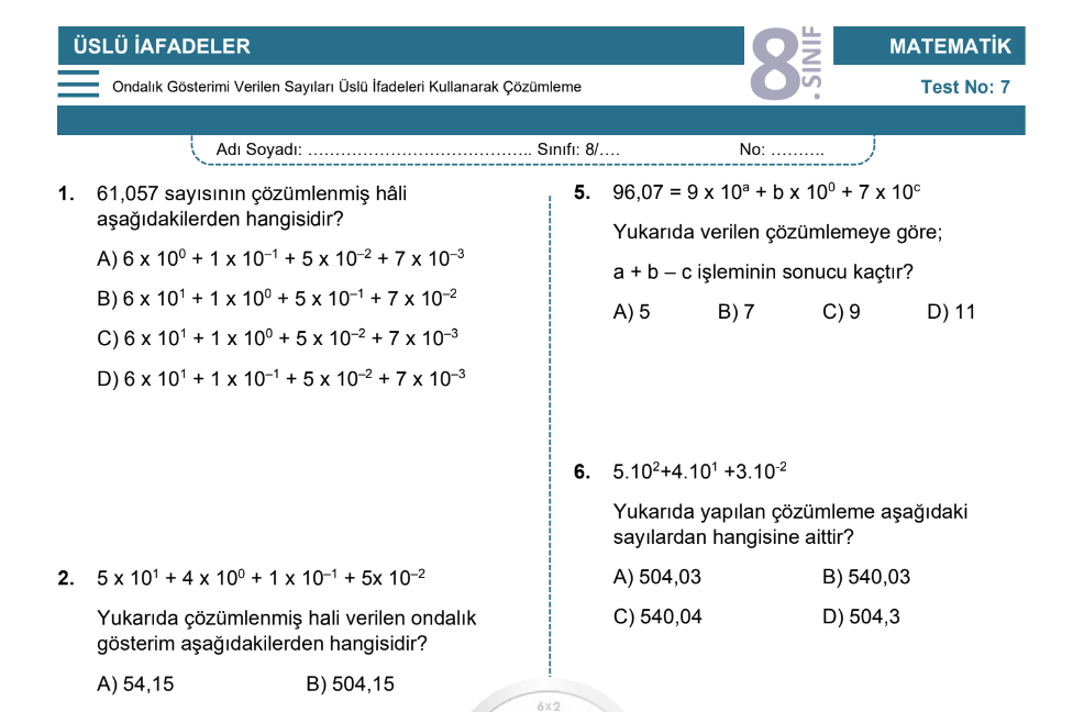 8 Sınıf Üslü İfadeler Çözümleme Testi Pdf İndir Matematik Vakti